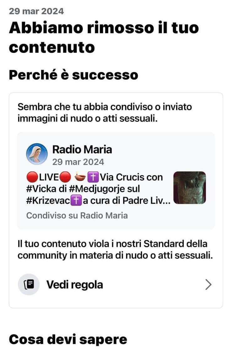 Facebook ha cancellato la diretta della Via Crucis di Radio Maria perché non rispettava gli standard della community